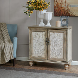 English Elm 2-Door Cabinet Madison Park Driscoll Cream Floral Accent Chest with Natural Wood Frame, Rustic Storage Enduring Elegance and One Shelf B03548862