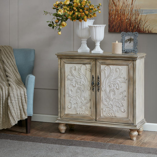 English Elm 2-Door Cabinet Madison Park Driscoll Cream Floral Accent Chest with Natural Wood Frame, Rustic Storage Enduring Elegance and One Shelf B03548862