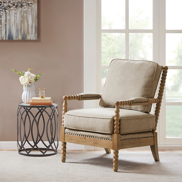 English Elm Accent Donohue Arm Chair in Light Grey Upholstery with Bronze Nailhead Trim & Camel Oak Legs, Plush Comfort B03548556