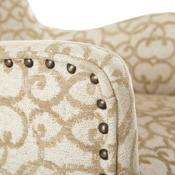 English Elm Arm Madison Park Angelica Dining Arm Chairs Set of 2 — Tan Upholstered, Bronze Nailhead Trim, Dark Coffee Legs B03548768