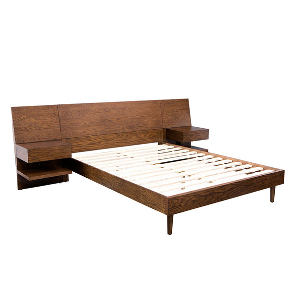 English Elm Bed Clark Queen with Attached Nightstands, Oak Veneer Low Headboard, Hidden Slide Storage, Modern Design B035S00020