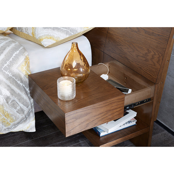 English Elm Bed Clark Queen with Attached Nightstands, Oak Veneer Low Headboard, Hidden Slide Storage, Modern Design B035S00020
