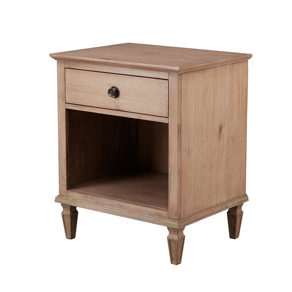 English Elm Victoria Nightstand — French Country Wire-Brushed Birch Veneer, Antique Silver Pulls, Glide Drawer, Shelf B03548937