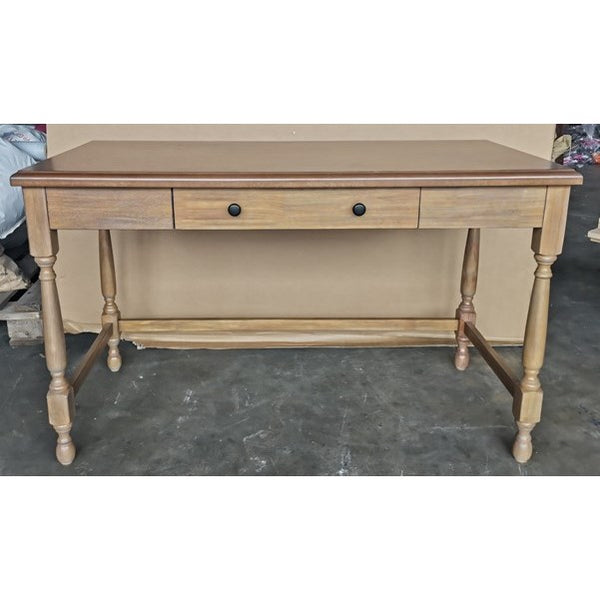 English Elm Solid Wood Tabitha Desk with Reclaimed Natural Finish, Turned Legs, Single Drawer & Metal Glides B03549013