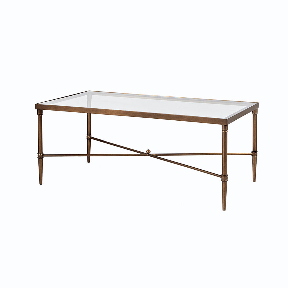 English Elm Rectangle Coffee Table — Bronze Metal Frame & 5mm Tempered Glass Top, Modern Centerpiece, 44"x24" B03548926