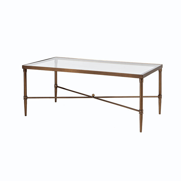 English Elm Rectangle Coffee Table — Bronze Metal Frame & 5mm Tempered Glass Top, Modern Centerpiece, 44"x24" B03548926