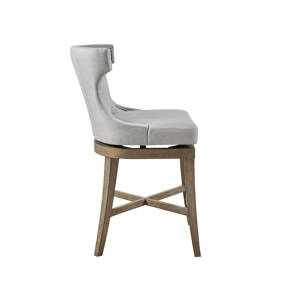 English Elm Counter Stool Carson Upholstered Swivel Wingback with Reclaimed Grey Legs and Bronze Kickplate Elegance LIGHT GREY 24 L x 30 W x 27.5 H B03548714