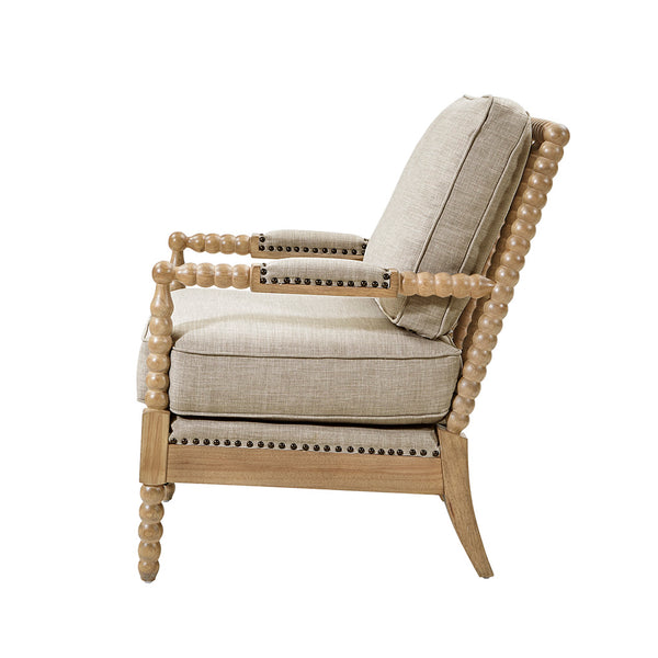 English Elm Accent Donohue Arm Chair in Light Grey Upholstery with Bronze Nailhead Trim & Camel Oak Legs, Plush Comfort B03548556