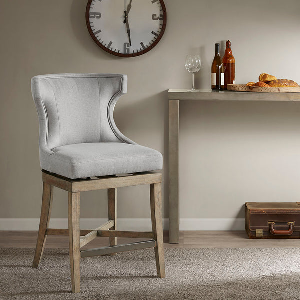 English Elm Counter Stool Carson Upholstered Swivel Wingback with Reclaimed Grey Legs and Bronze Kickplate Elegance LIGHT GREY 24 L x 30 W x 27.5 H B03548714
