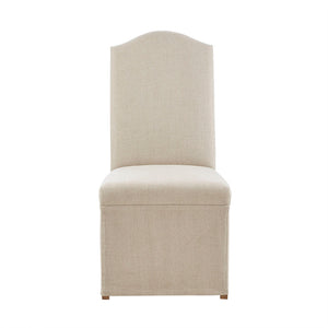 English Elm Foster Beige Upholstered Dining Chairs Set of 2 with Camel Oak Legs, Bronze Nailhead Trim, Skirted Elegance B03548770