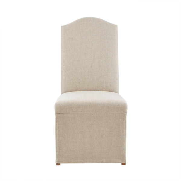 English Elm Foster Beige Upholstered Dining Chairs Set of 2 with Camel Oak Legs, Bronze Nailhead Trim, Skirted Elegance B03548770