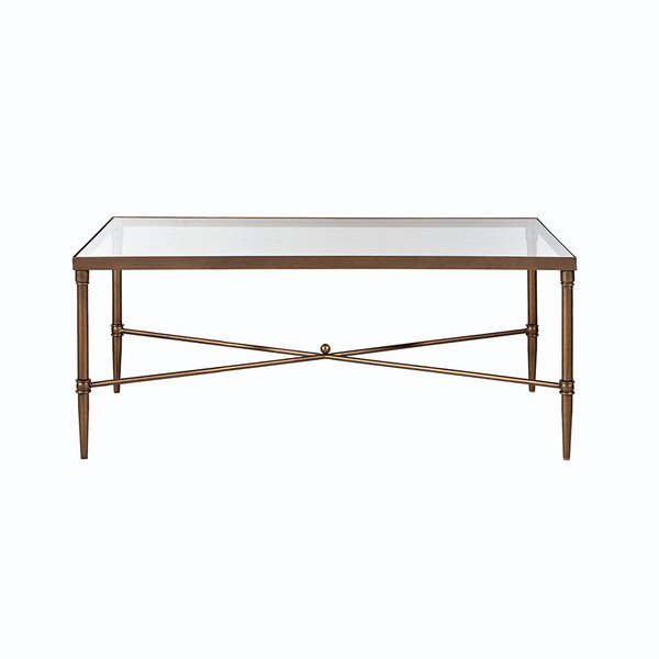 English Elm Rectangle Coffee Table — Bronze Metal Frame & 5mm Tempered Glass Top, Modern Centerpiece, 44"x24" B03548926