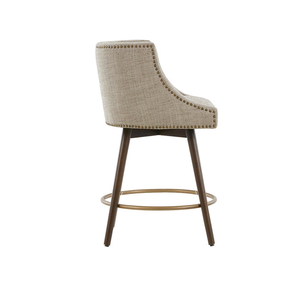 English Elm Swivel Madison Park Mateo Counter Stool with Beige Tweed Upholstery, Walnut Legs & Antique Bronze Nailhead B03548713