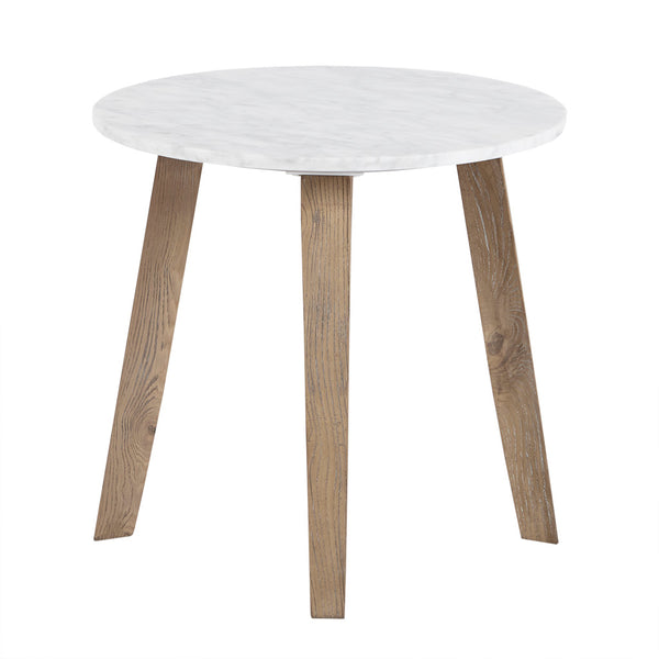 English Elm Milo Wheat Ash Wood End Table with White Marble Top, 20" Dia x 19.5"H — Simple Fresh Design, Ships in 2 Cartons B035S00019