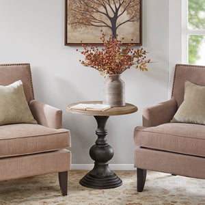 English Elm Accent Table Madison Park Lexi Round Reclaimed Walnut Top with Hand-Carved Black Base, Elegant Decor Natural 24.5 L x 24.5 W x 6 H B03548822