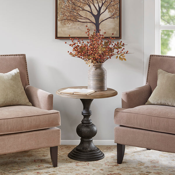 English Elm Accent Table Madison Park Lexi Round Reclaimed Walnut Top with Hand-Carved Black Base, Elegant Decor Natural 24.5 L x 24.5 W x 6 H B03548822