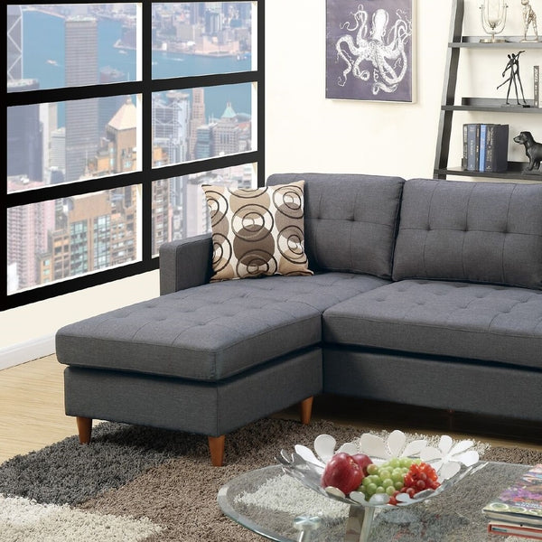 English Elm Blue 2-Piece Reversible Sectional Sofa in Blue Grey Linen-Like Polyfiber with Tufted Back, Pillows, Modular Design and Pegged Legs B01149144