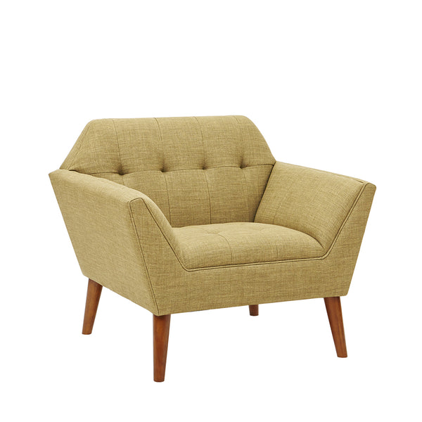 English Elm Lounge Chair with Mid-Century Button Tufting, Textured Upholstery & Pecan Tapered Wood Legs, Plush Comfort Pale Green 30.31 L x 37.8 W x 24.02 H B03548494