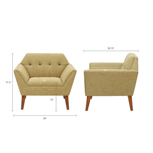 English Elm Lounge Chair with Mid-Century Button Tufting, Textured Upholstery & Pecan Tapered Wood Legs, Plush Comfort Pale Green 30.31 L x 37.8 W x 24.02 H B03548494