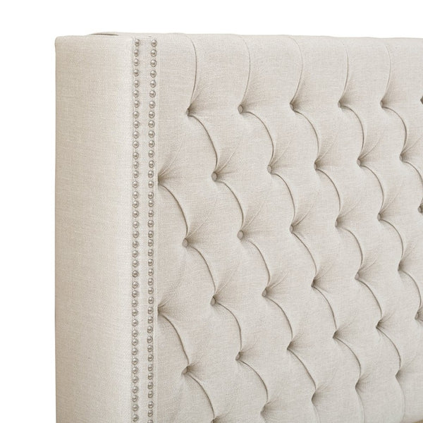 English Elm Upholstery Wingback Queen Headboard Cream Tufted Nailhead Trim Transitional Bedroom B03548785