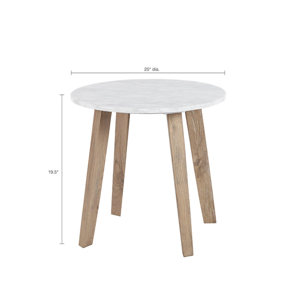 English Elm Milo Wheat Ash Wood End Table with White Marble Top, 20" Dia x 19.5"H — Simple Fresh Design, Ships in 2 Cartons B035S00019
