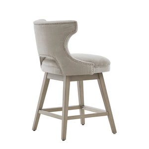English Elm 25.75" Emmett Swivel Counter Stool Light Grey Upholstered with Nailhead Trim & Silver Kick Plate, 300 lb Capacity B03548712
