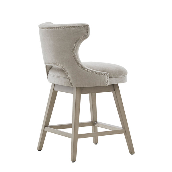 English Elm 25.75" Emmett Swivel Counter Stool Light Grey Upholstered with Nailhead Trim & Silver Kick Plate, 300 lb Capacity B03548712