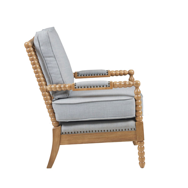 English Elm Accent Arm Chair Donohue Dusty Blue Upholstered Accent with Bronze Nailhead Trim & Camel Oak Legs B03548589