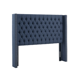 English Elm Upholstery Navy Queen Tufted Wingback Headboard with Nailhead Trim, Foam-Padded Elegant Support B03548797