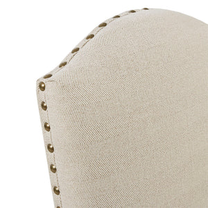 English Elm Foster Beige Upholstered Dining Chairs Set of 2 with Camel Oak Legs, Bronze Nailhead Trim, Skirted Elegance B03548770