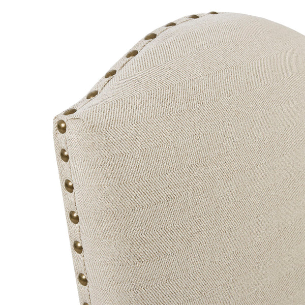 English Elm Foster Beige Upholstered Dining Chairs Set of 2 with Camel Oak Legs, Bronze Nailhead Trim, Skirted Elegance B03548770