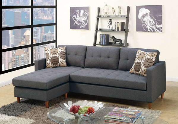 English Elm Blue 2-Piece Reversible Sectional Sofa in Blue Grey Linen-Like Polyfiber with Tufted Back, Pillows, Modular Design and Pegged Legs B01149144