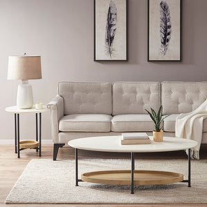 English Elm End Table Madison Park Beaumont Oval White Top with Black Metal Legs, Lower Natural Shelf, 20" Tall Modern Design B03548840