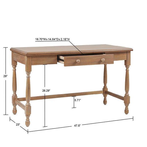 English Elm Solid Wood Tabitha Desk with Reclaimed Natural Finish, Turned Legs, Single Drawer & Metal Glides B03549013