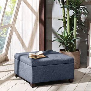 English Elm Soft Close Storage Ottoman Madison Park Aspen Blue Tufted Upholstered Square Bench with Liftable Lid and Dark Wood Legs - Spacious Hidden Storage, 300 lb Capacity B03548613
