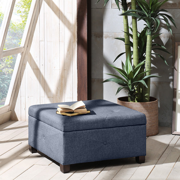 English Elm Soft Close Storage Ottoman Madison Park Aspen Blue Tufted Upholstered Square Bench with Liftable Lid and Dark Wood Legs - Spacious Hidden Storage, 300 lb Capacity B03548613