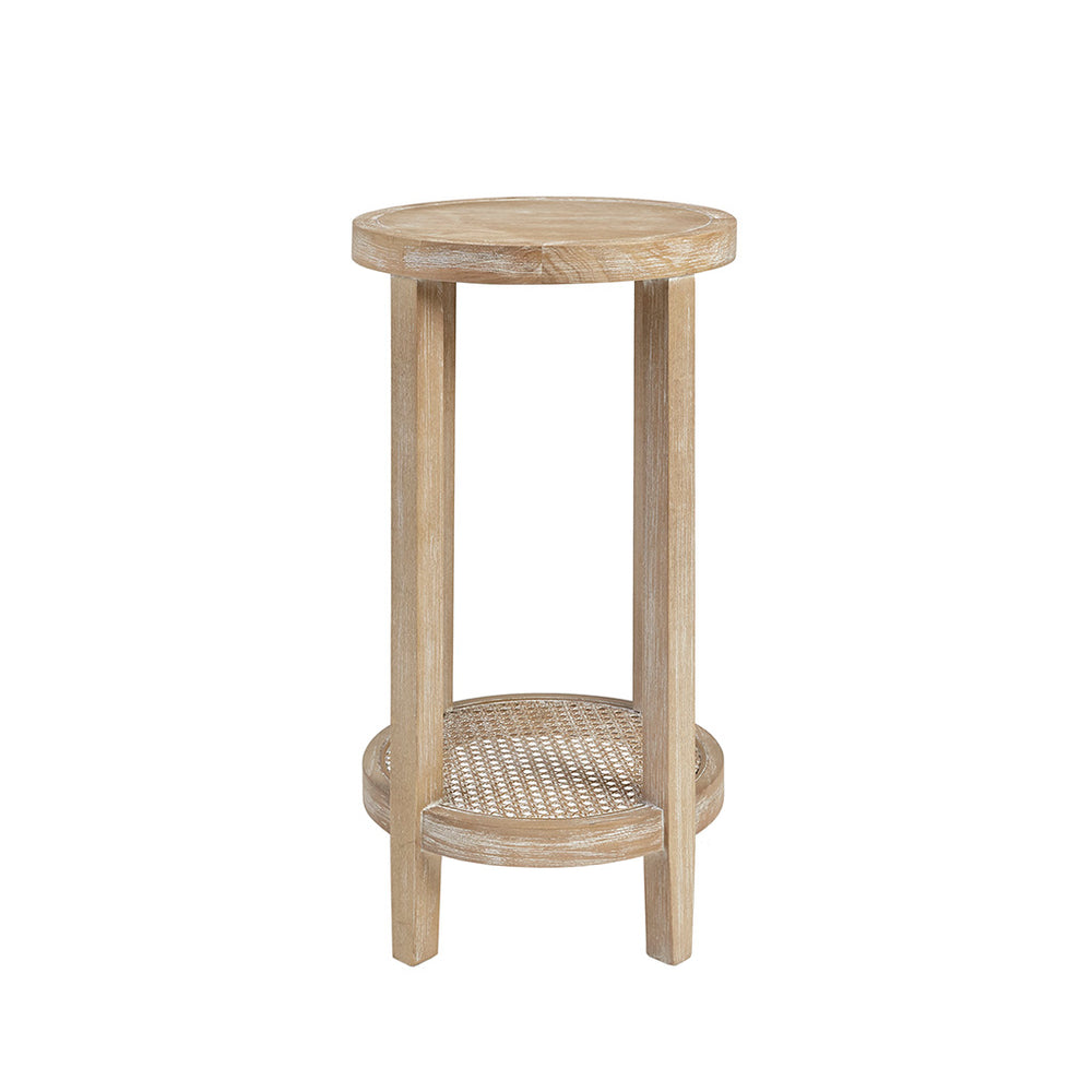 English Elm Round Accent Table Harley — 15" Diameter Ash Veneer Top with Rattan Cane Shelf, Reclaimed Wheat Finish B03548998