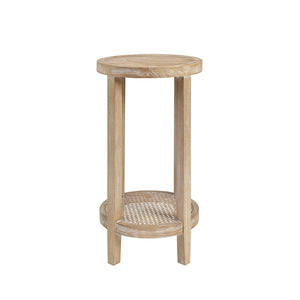 English Elm Round Accent Table Harley — 15" Diameter Ash Veneer Top with Rattan Cane Shelf, Reclaimed Wheat Finish B03548998
