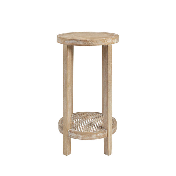 English Elm Round Accent Table Harley — 15" Diameter Ash Veneer Top with Rattan Cane Shelf, Reclaimed Wheat Finish B03548998