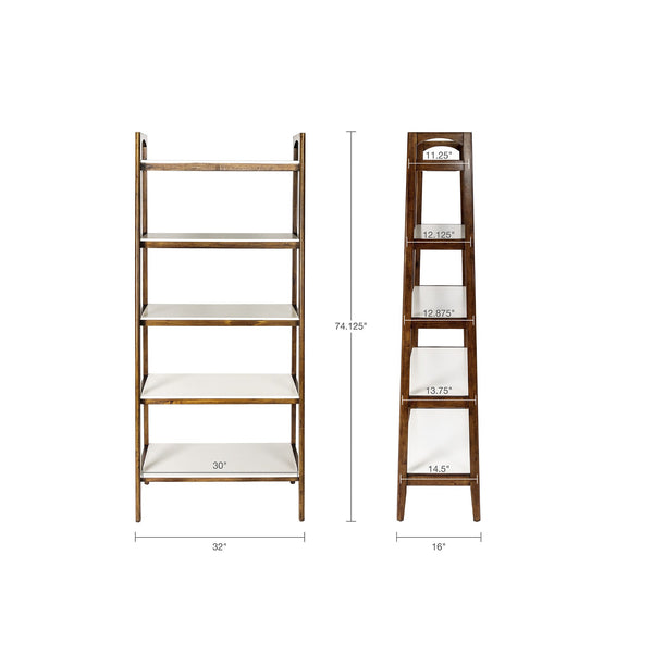 English Elm Shelf Parker Mid-Century Bookcase with Off-White Tops and Pecan Lower Shelf, MDF & Rubberwood, 31"W x 73"H B03548892