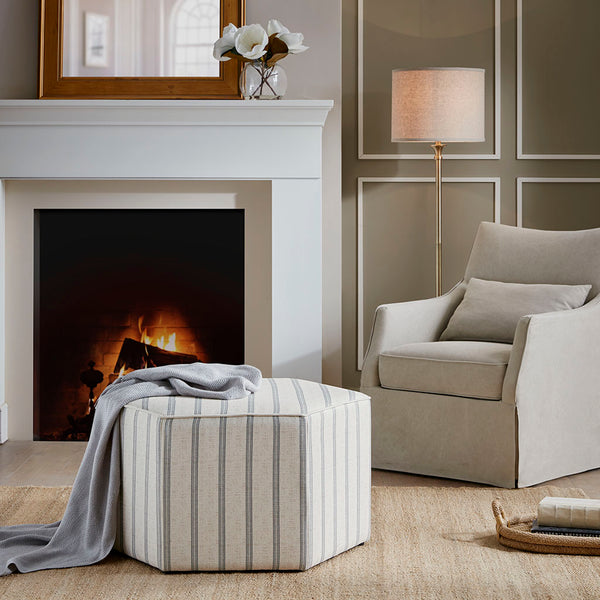 English Elm Cocktail Hexagonal Ottoman by Martha Stewart Bedford — Natural Printed Upholstery, Solid Wood Frame B03548965