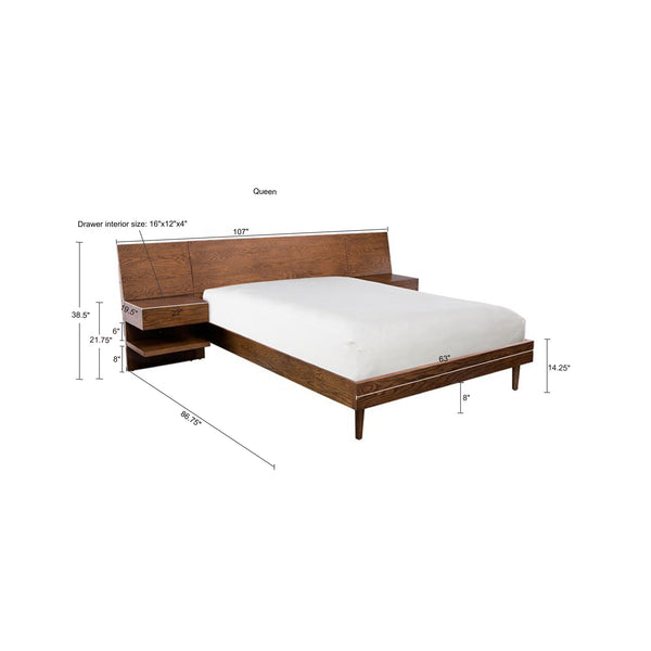 English Elm Bed Clark Queen with Attached Nightstands, Oak Veneer Low Headboard, Hidden Slide Storage, Modern Design B035S00020