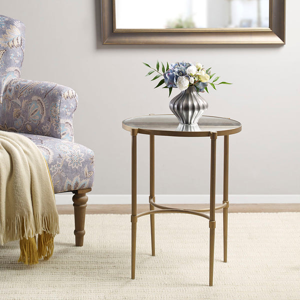English Elm Oval Lia Accent Table with Mirror Top & Antique Bronze Metal Base – Farmhouse Elegance, 18" W B03548999