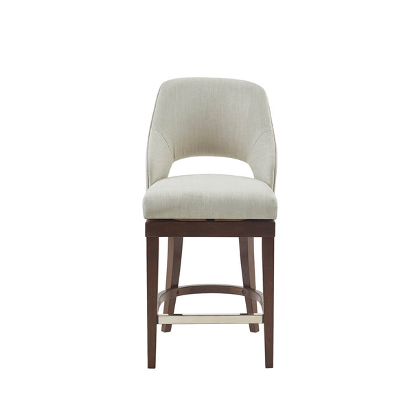 English Elm Counter Stool Jillian Cream Upholstered Swivel Seat with Dark Wood Legs, Silver Kick Plate Accent B03549037