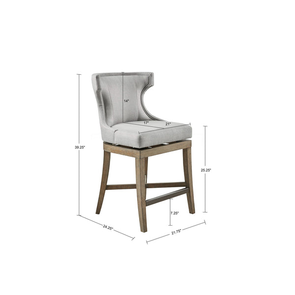 English Elm Counter Stool Carson Upholstered Swivel Wingback with Reclaimed Grey Legs and Bronze Kickplate Elegance LIGHT GREY 24 L x 30 W x 27.5 H B03548714