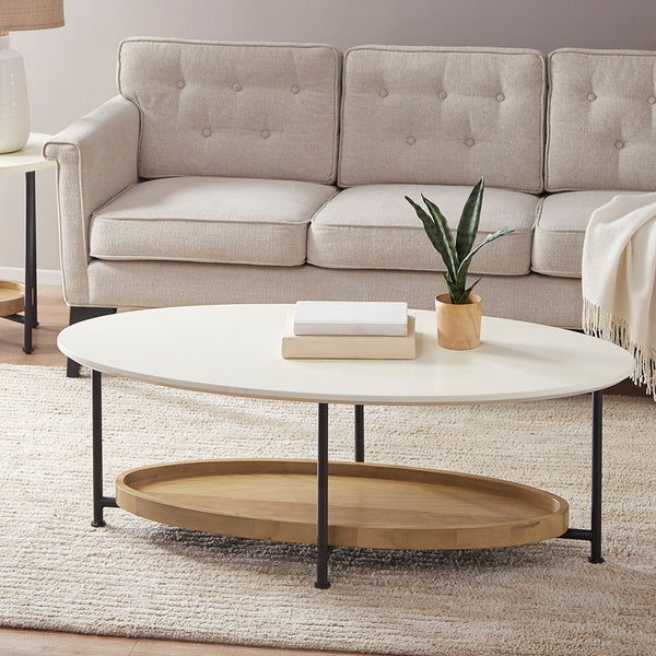 English Elm Coffee Madison Park Parker Coffee Table with Two-Tone Mid-Century Solid Wood Frame and Shelf Storage White+Natural 27 L x 51 W x 6 H B03548839