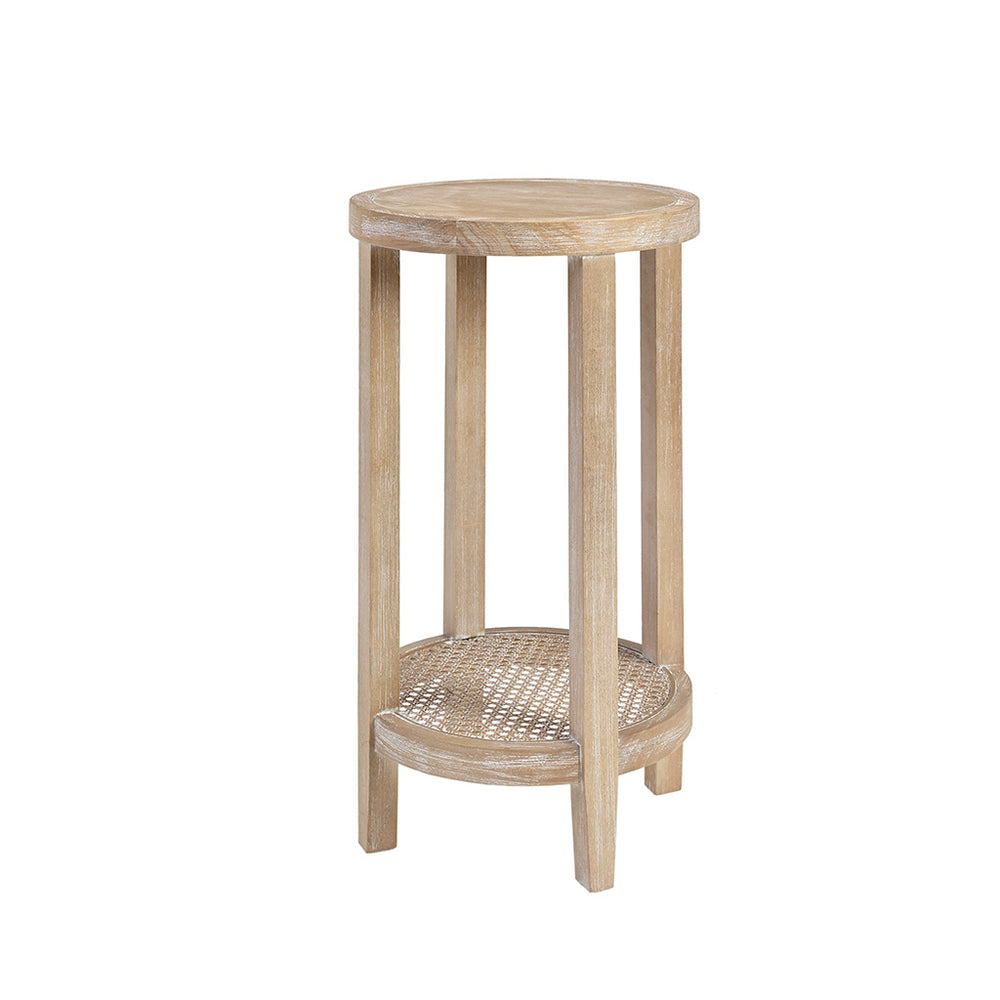 English Elm Round Accent Table Harley — 15" Diameter Ash Veneer Top with Rattan Cane Shelf, Reclaimed Wheat Finish B03548998