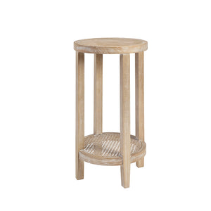 English Elm Round Accent Table Harley — 15" Diameter Ash Veneer Top with Rattan Cane Shelf, Reclaimed Wheat Finish B03548998