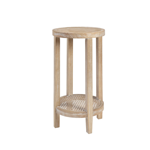 English Elm Round Accent Table Harley — 15" Diameter Ash Veneer Top with Rattan Cane Shelf, Reclaimed Wheat Finish B03548998