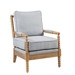 English Elm Accent Arm Chair Donohue Dusty Blue Upholstered Accent with Bronze Nailhead Trim & Camel Oak Legs B03548589